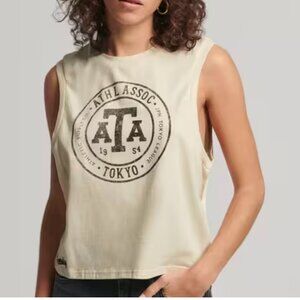 NWT Superdry Muscle Tank Shirt Top Sleeveless RacerBack Tokyo Athletic Ivory UK